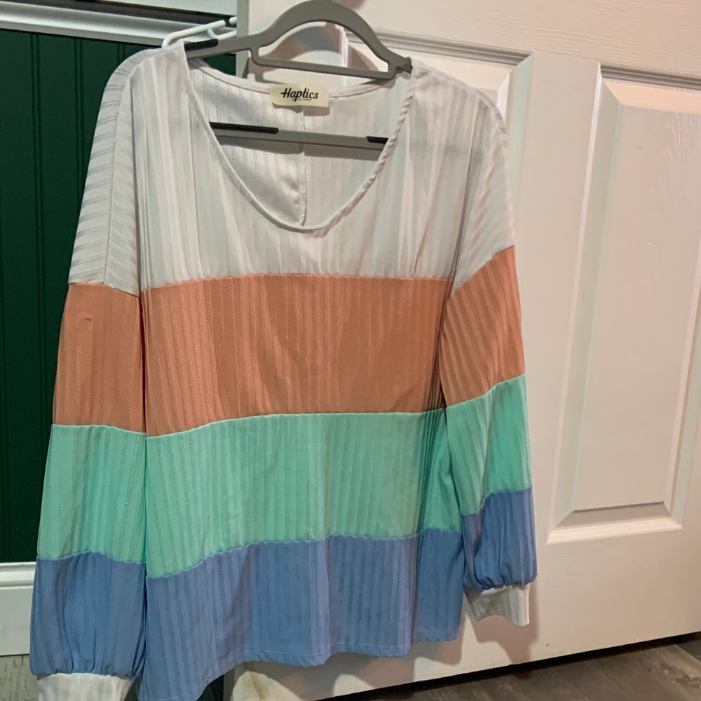 Colorblock Striped Long Sleeve Top - White, Peach, Mint & Blue
